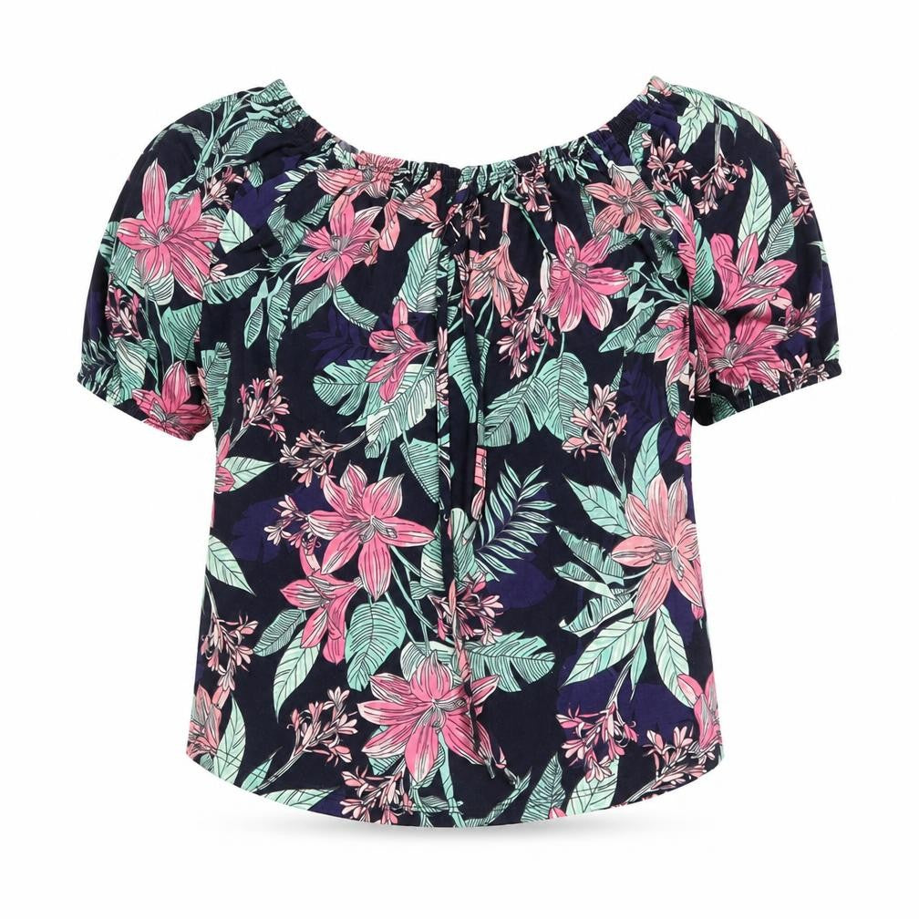 Front view of Roman women’s multicoloured floral viscose basic blouse, size UK 10, boat neck
