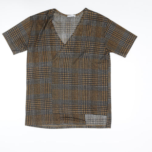 Zara Womens Brown Check Polyester Basic Blouse Size M V-Neck