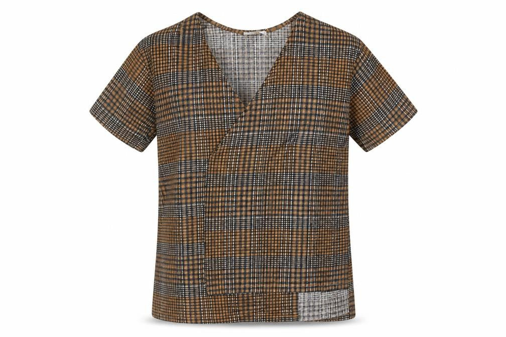 Front view of Zara women’s brown check polyester basic blouse, size M, v-neck