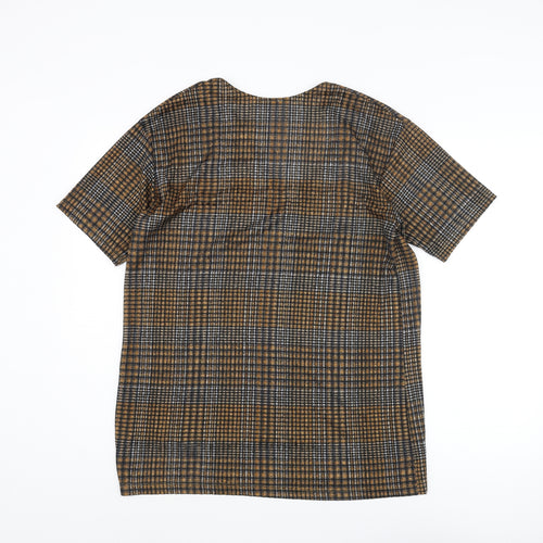 Zara Womens Brown Check Polyester Basic Blouse Size M V-Neck