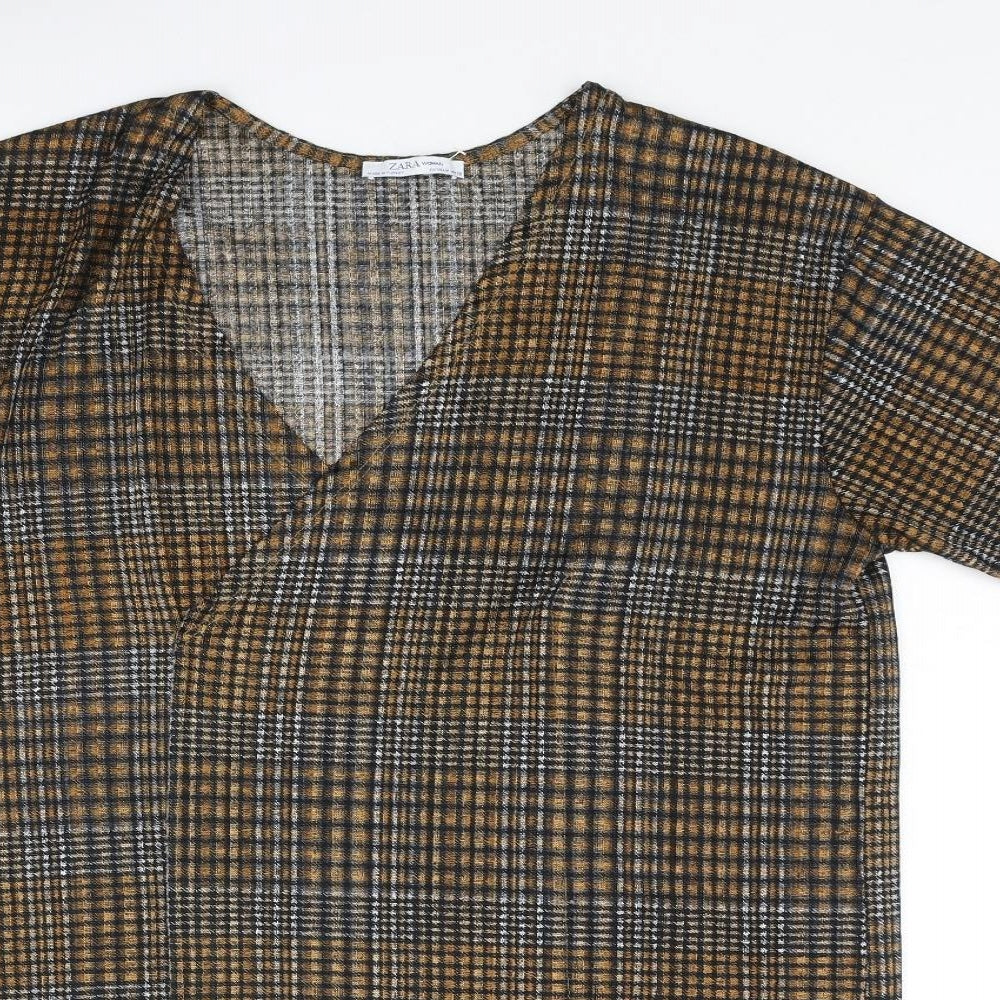 Zara Womens Brown Check Polyester Basic Blouse Size M V-Neck