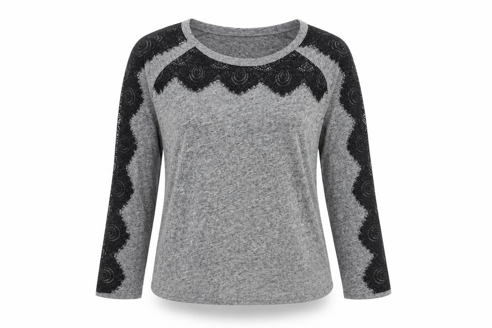 Front view of InWear women’s grey polyester basic blouse, size XS, round neck - lace trim