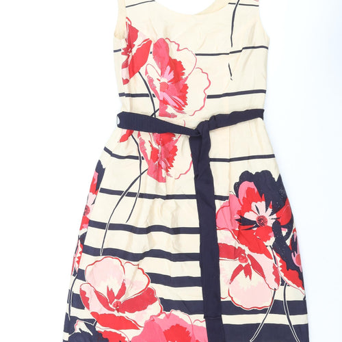 Kaliko Womens Multicoloured Floral Polyester A-Line Size S Scoop Neck Zip - Belted Striped