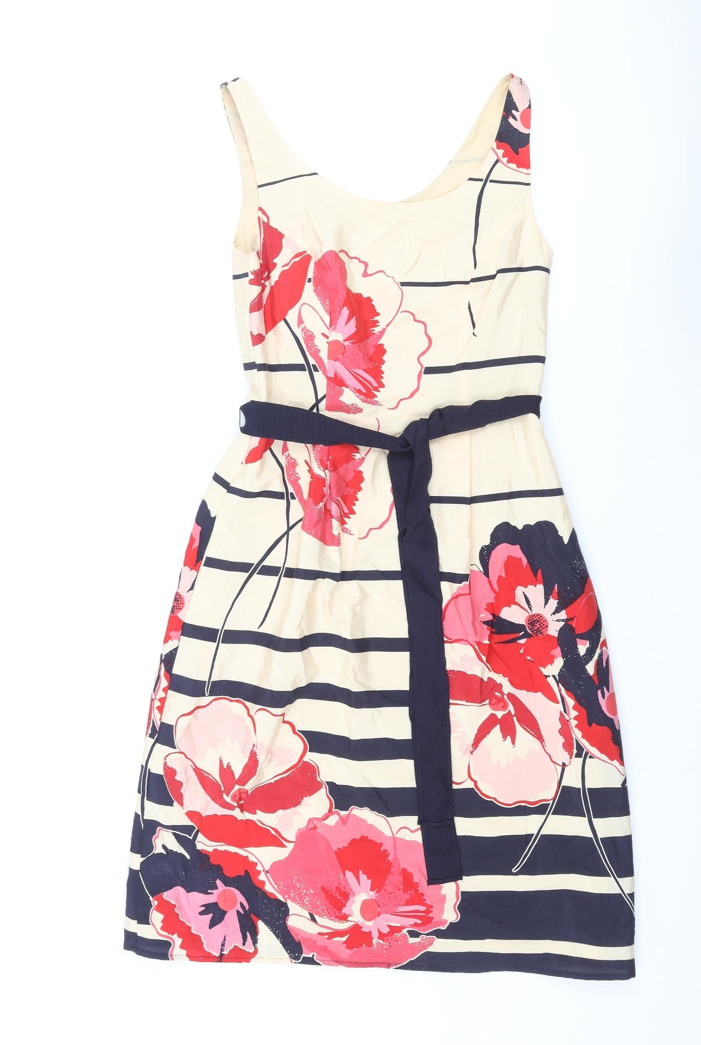 Kaliko Womens Multicoloured Floral Polyester A-Line Size S Scoop Neck Zip - Belted Striped