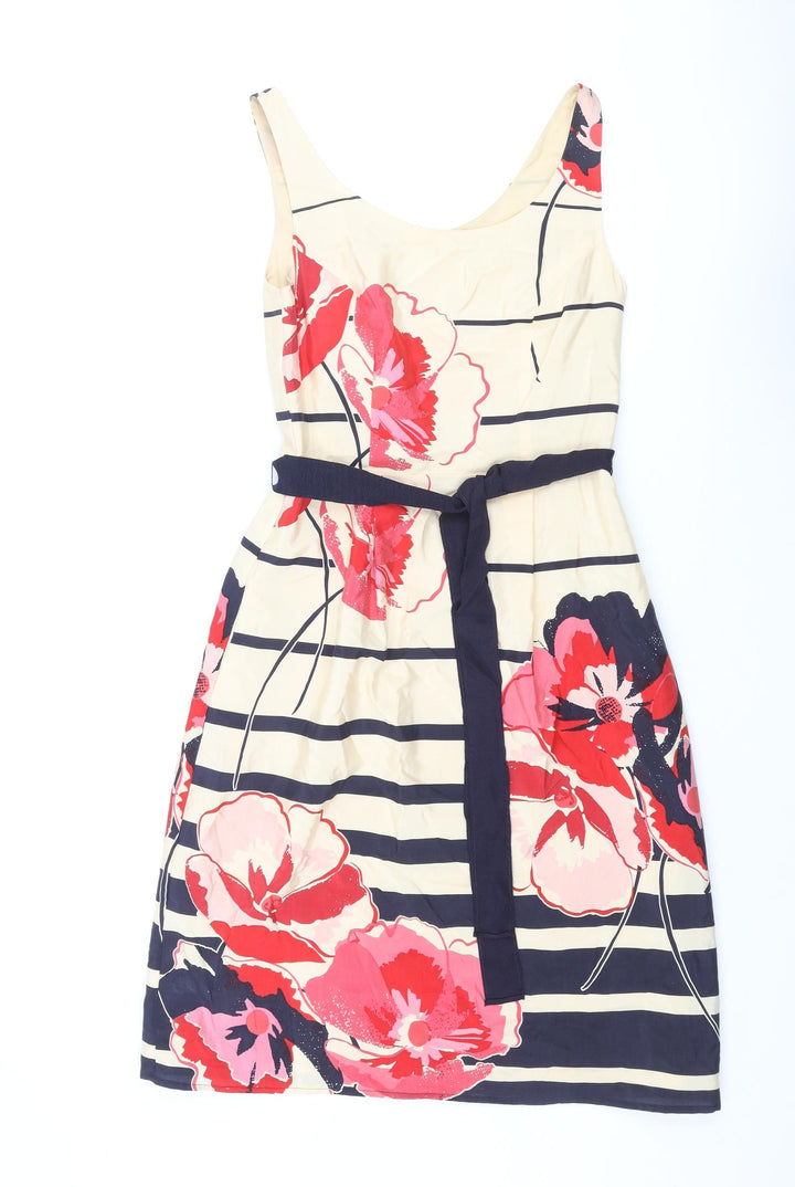 Kaliko Womens Multicoloured Floral Polyester A-Line Size S Scoop Neck Zip - Belted Striped