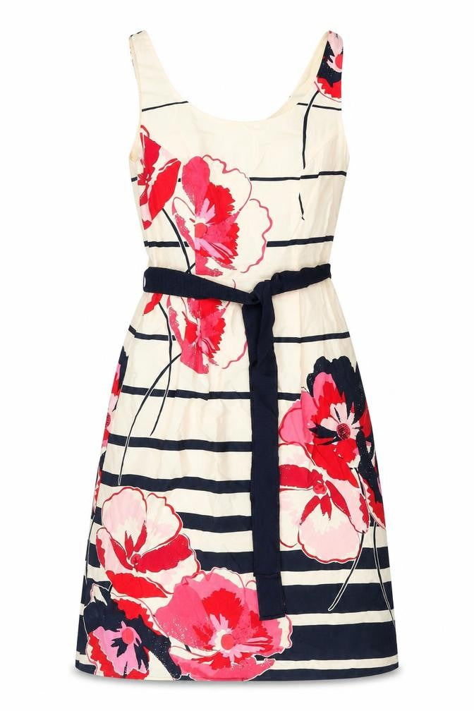 Kaliko Womens Multicoloured Floral Polyester A-Line Size S Scoop Neck Zip - Belted Striped
