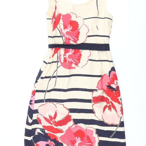 Kaliko Womens Multicoloured Floral Polyester A-Line Size S Scoop Neck Zip - Belted Striped