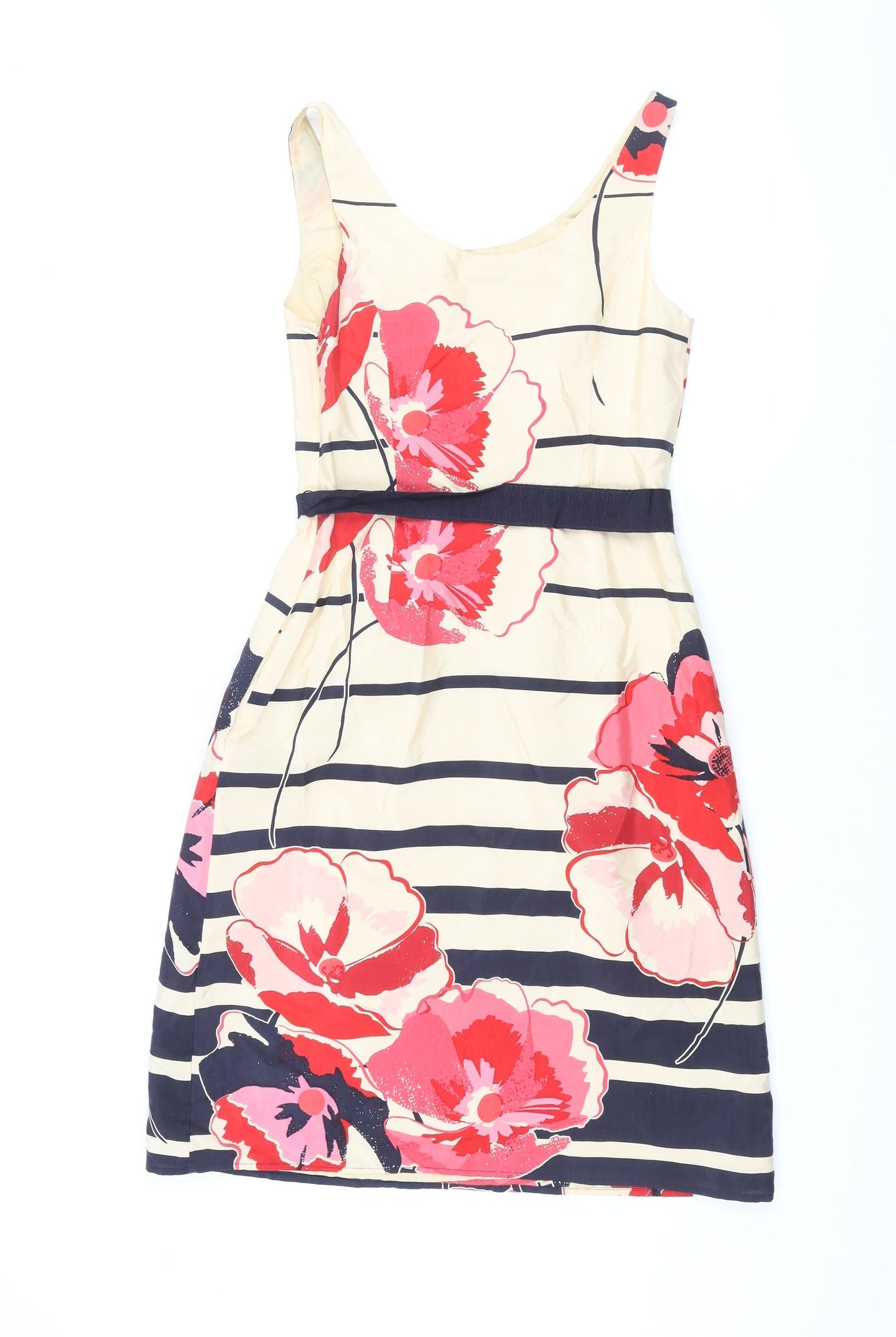 Kaliko Womens Multicoloured Floral Polyester A-Line Size S Scoop Neck Zip - Belted Striped