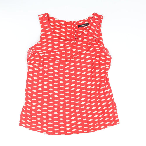 Oasis Womens Red Geometric Viscose Basic Blouse Size 12 Round Neck - Lips Print Frill