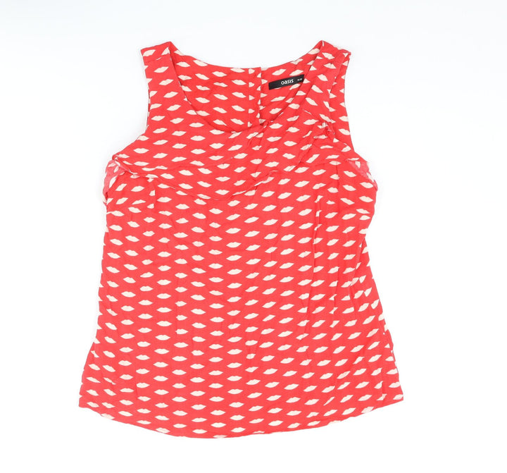 Oasis Womens Red Geometric Viscose Basic Blouse Size 12 Round Neck - Lips Print Frill