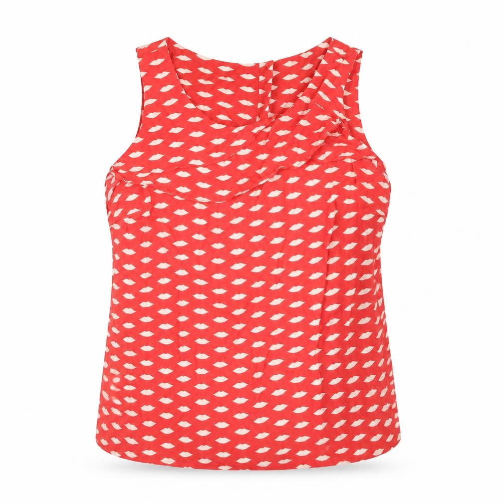 Front view of Oasis women’s red geometric viscose basic blouse, size UK 12, round neck - lips print frill