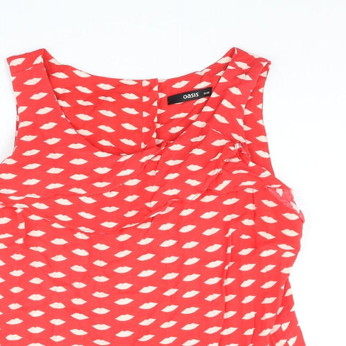 Oasis Womens Red Geometric Viscose Basic Blouse Size 12 Round Neck - Lips Print Frill