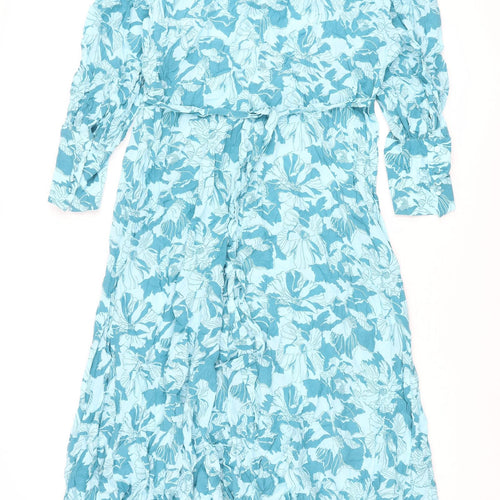 Autograph Womens Blue Floral Cupro Maxi Size 22 Round Neck Button - Belted