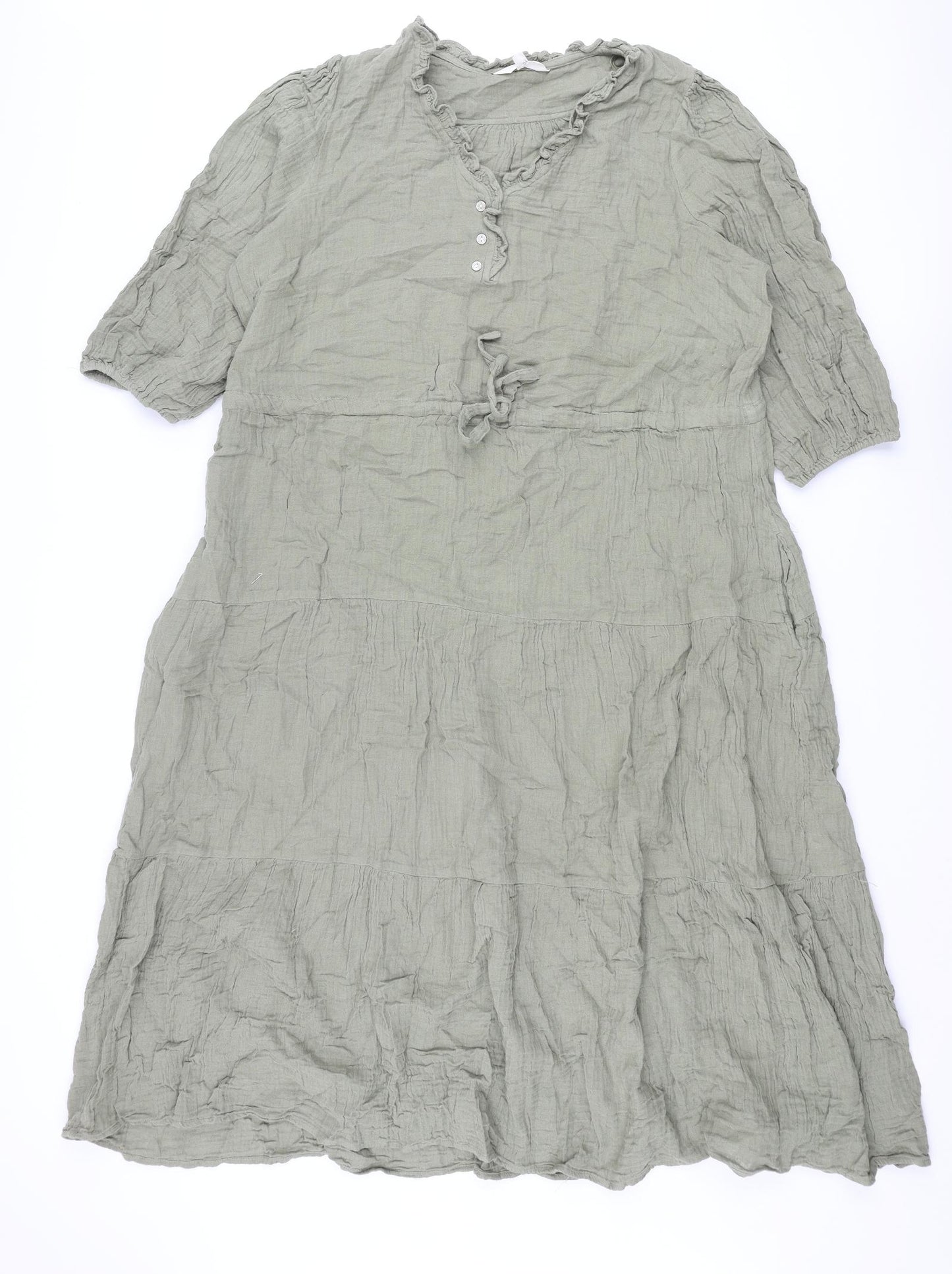 Per Una Womens Green Cotton Shift Size 16 V-Neck Button - Drawstring Waist