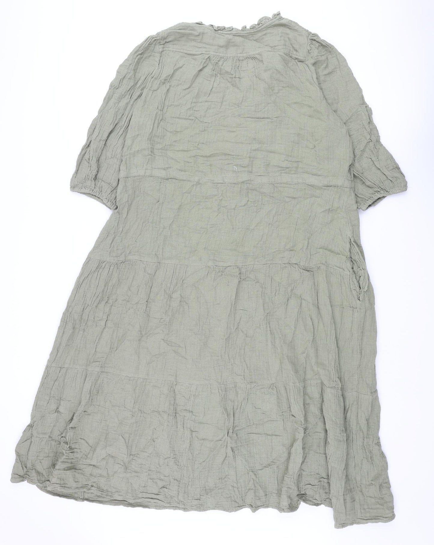 Per Una Womens Green Cotton Shift Size 16 V-Neck Button - Drawstring Waist