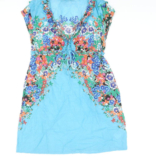 Oasis Womens Blue Cotton A-Line Size 10 V-Neck Pullover - Floral Print Frill Bow
