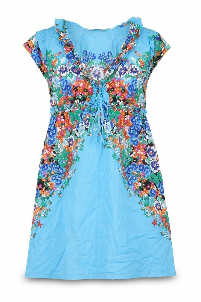 Oasis Womens Blue Cotton A-Line Size 10 V-Neck Pullover - Floral Print Frill Bow