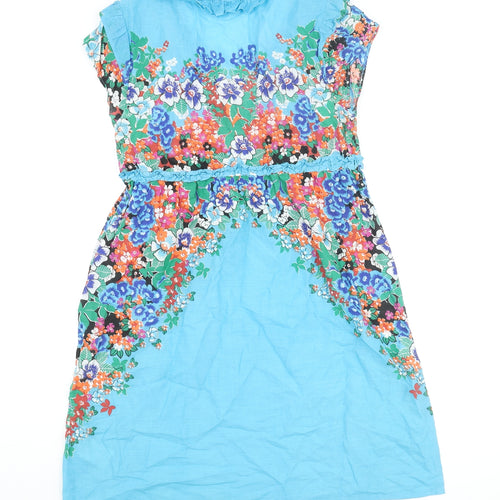 Oasis Womens Blue Cotton A-Line Size 10 V-Neck Pullover - Floral Print Frill Bow