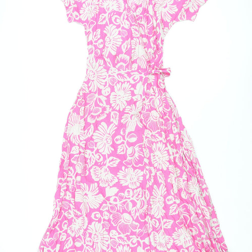 Marks and Spencer Womens Pink Floral Viscose Wrap Dress Size 6 V-Neck Tie