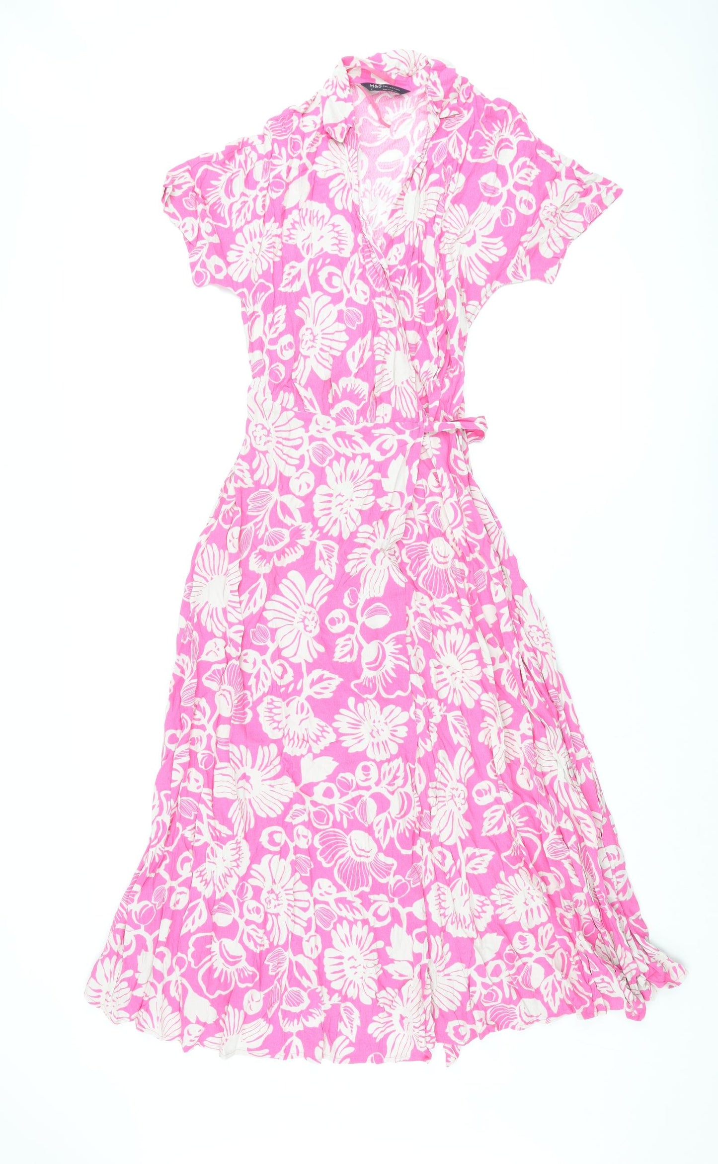Marks and Spencer Womens Pink Floral Viscose Wrap Dress Size 6 V-Neck Tie