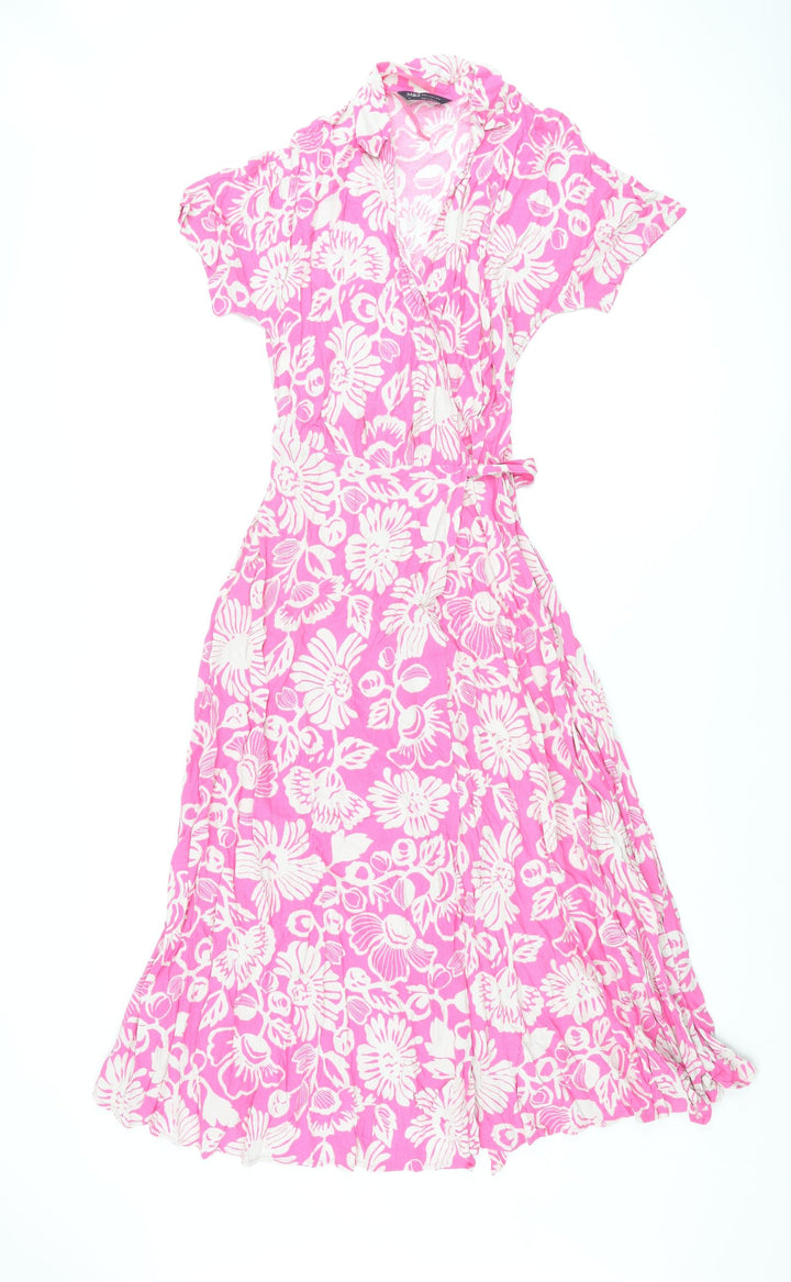 Marks and Spencer Womens Pink Floral Viscose Wrap Dress Size 6 V-Neck Tie