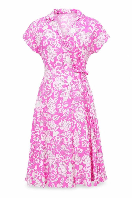 Front view of Marks & Spencer women’s pink floral viscose wrap dress, size UK 6, v-neck tie