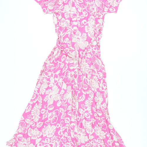 Marks and Spencer Womens Pink Floral Viscose Wrap Dress Size 6 V-Neck Tie