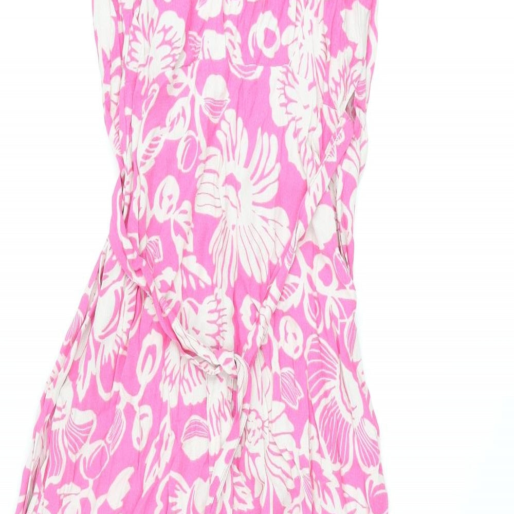 Marks and Spencer Womens Pink Floral Viscose Wrap Dress Size 6 V-Neck Tie
