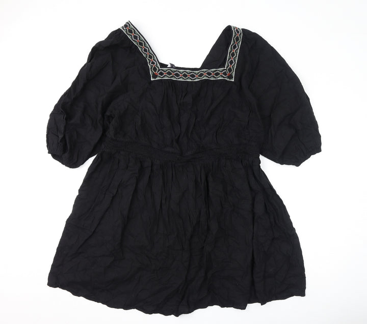 Marks and Spencer Womens Black Polyester A-Line Size 24 Square Neck Pullover - Embroidery