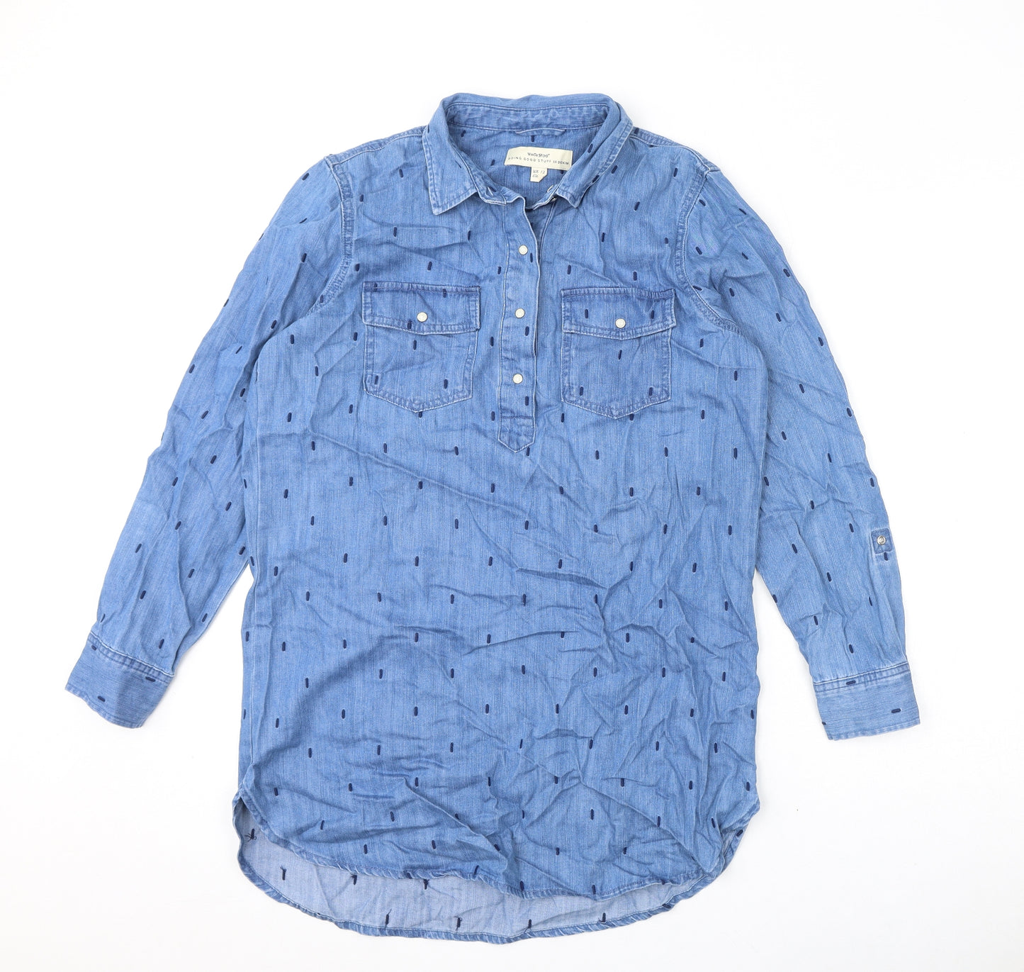 White Stuff Womens Blue Polka Dot Cotton Tunic T-Shirt Size 12 Collared