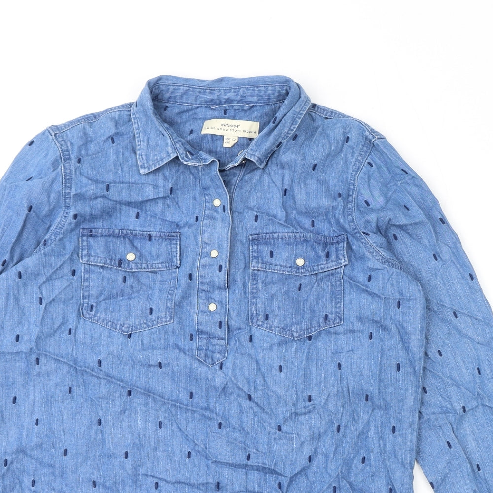 White Stuff Womens Blue Polka Dot Cotton Tunic T-Shirt Size 12 Collared