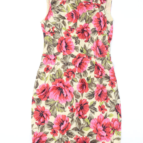 NEXT Womens Multicoloured Floral Linen Pencil Dress Size 8 Round Neck Zip - Slit