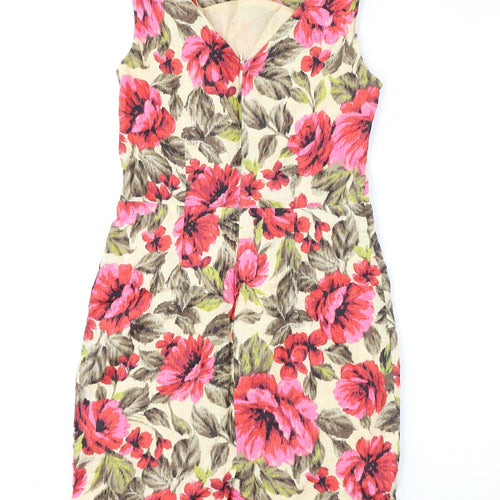 NEXT Womens Multicoloured Floral Linen Pencil Dress Size 8 Round Neck Zip - Slit