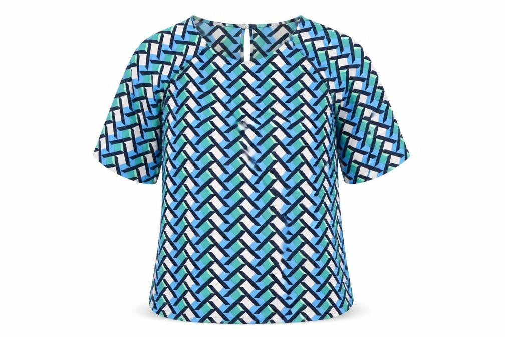 Front view of Marks & Spencer women’s multicoloured geometric polyester basic blouse, size UK 6, round neck