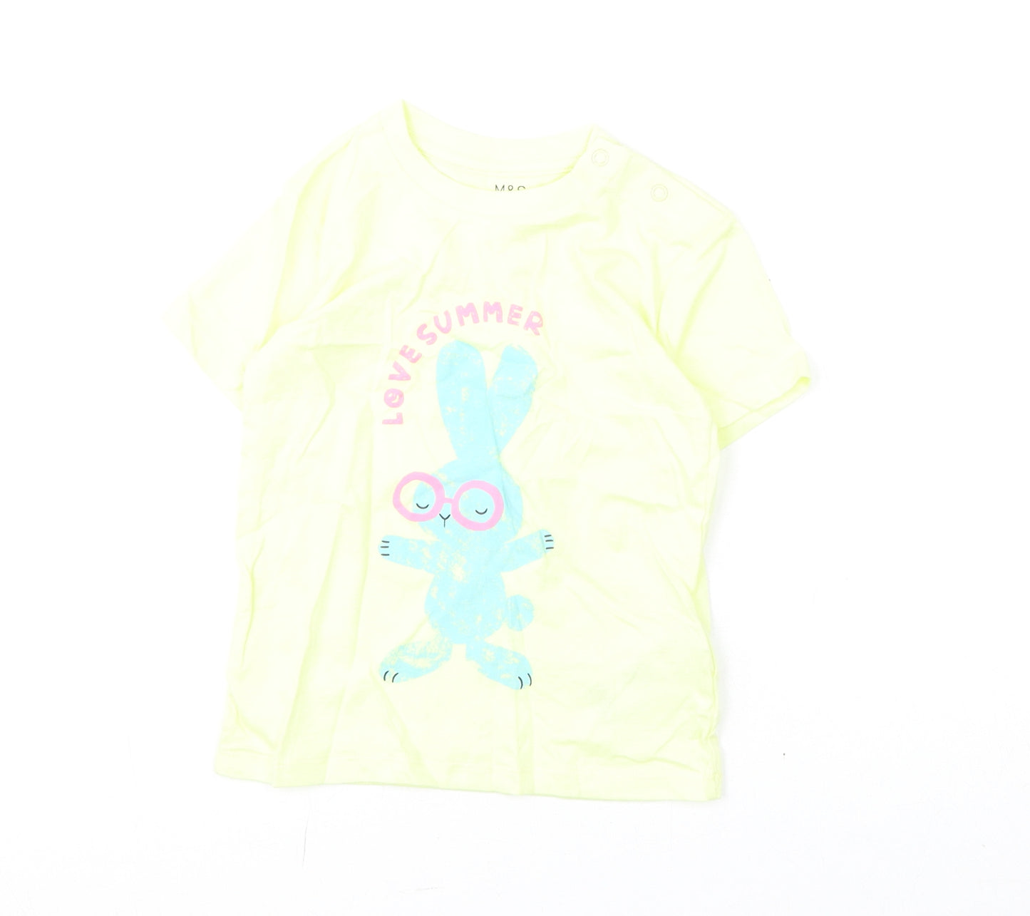 Marks and Spencer Girls Yellow Cotton Basic T-Shirt Size 2-3 Years Round Neck Snap - Love Summer, Bunny