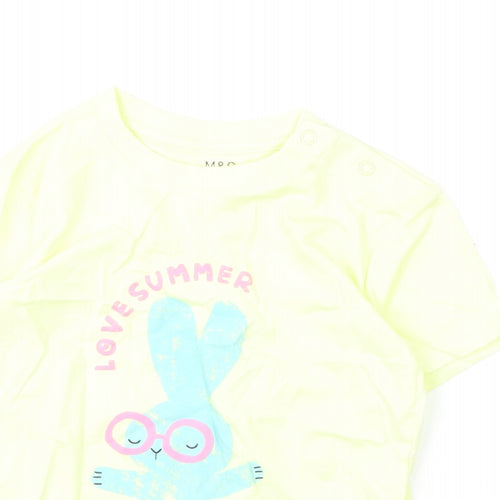 Marks and Spencer Girls Yellow Cotton Basic T-Shirt Size 2-3 Years Round Neck Snap - Love Summer, Bunny