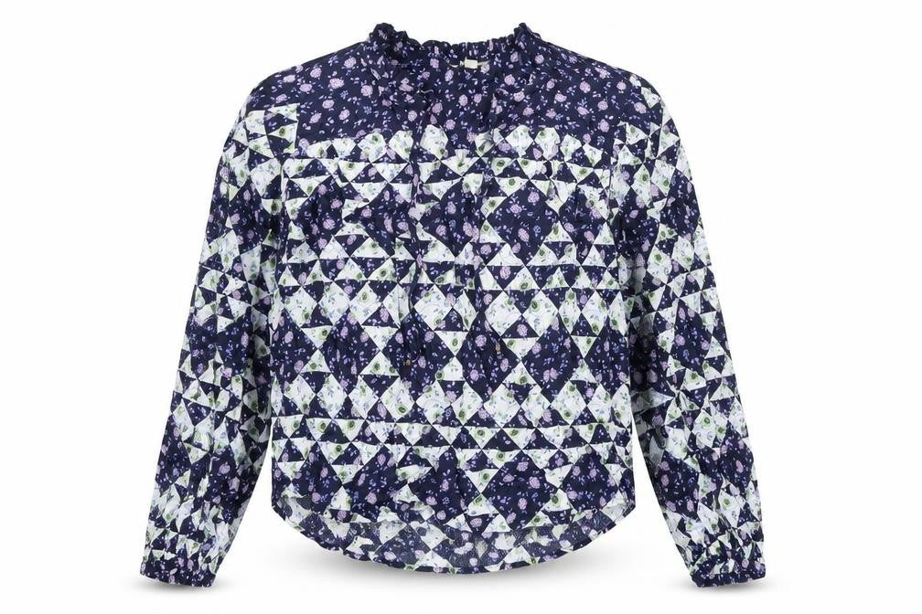 Front view of Per Una women’s multicoloured floral viscose basic blouse, size UK 6, v-neck