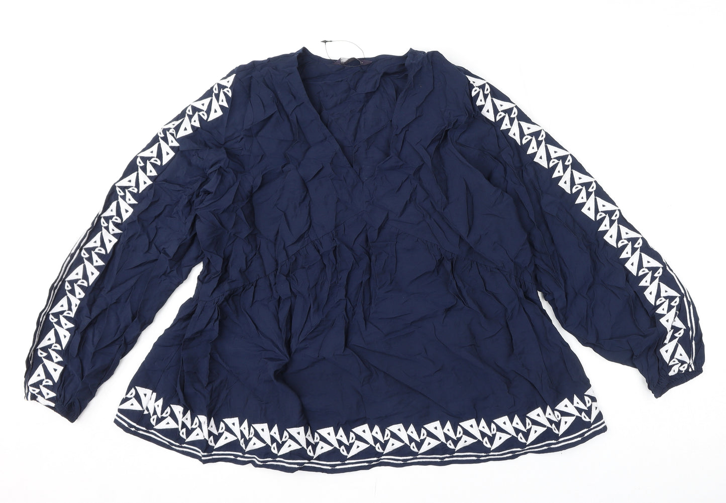 Marks and Spencer Womens Blue Viscose Basic Blouse Size 16 V-Neck - Embroidery
