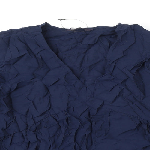 Marks and Spencer Womens Blue Viscose Basic Blouse Size 16 V-Neck - Embroidery