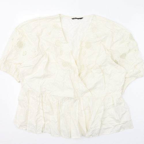 Marks and Spencer Womens Ivory Cotton Basic Blouse Size 20 V-Neck - Floral Embroidery