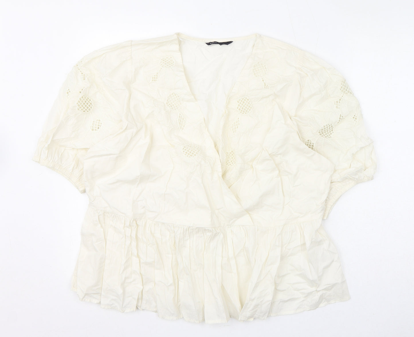 Marks and Spencer Womens Ivory Cotton Basic Blouse Size 20 V-Neck - Floral Embroidery