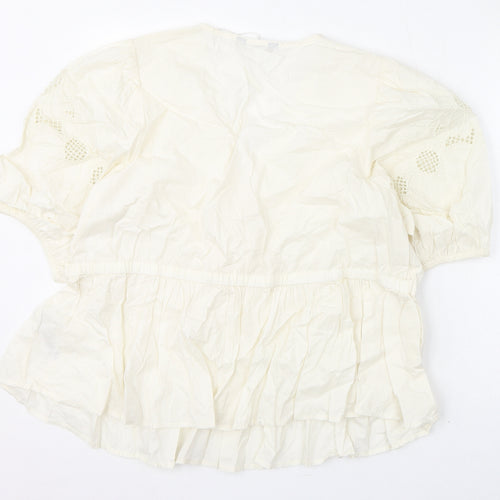 Marks and Spencer Womens Ivory Cotton Basic Blouse Size 20 V-Neck - Floral Embroidery