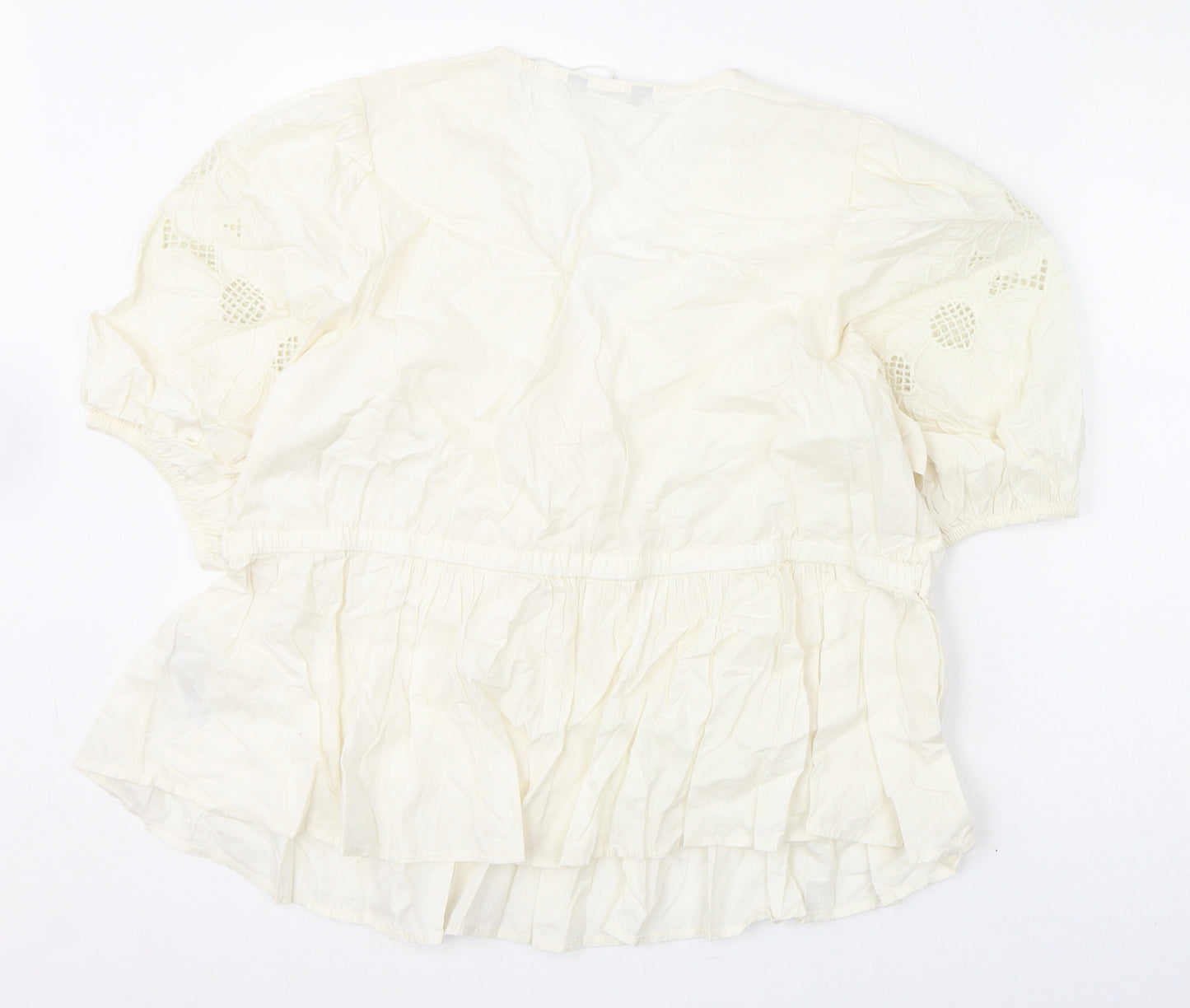 Marks and Spencer Womens Ivory Cotton Basic Blouse Size 20 V-Neck - Floral Embroidery