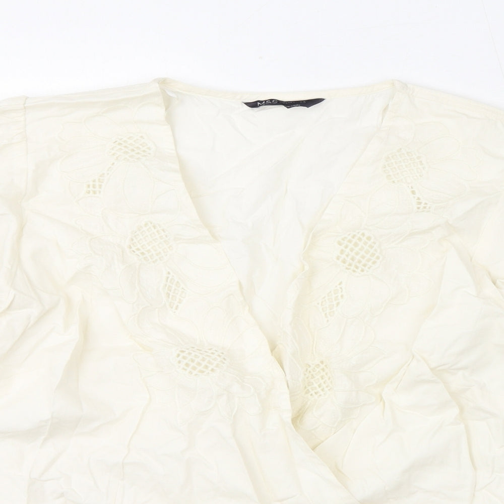 Marks and Spencer Womens Ivory Cotton Basic Blouse Size 20 V-Neck - Floral Embroidery