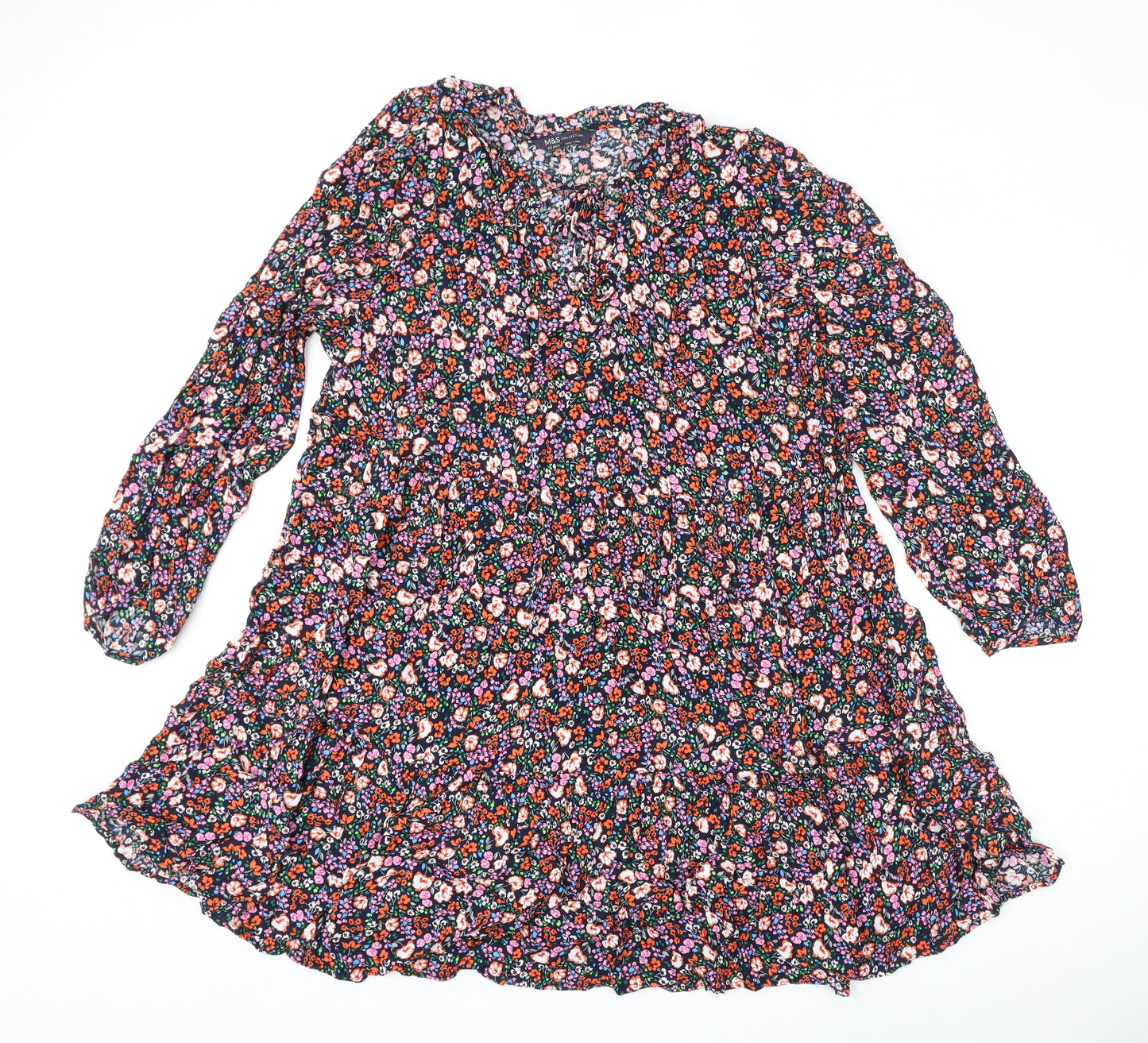 Marks and Spencer Womens Multicoloured Floral Viscose A-Line Size 22 V-Neck Tie