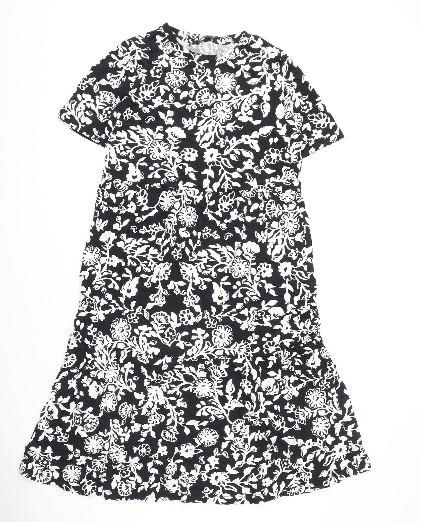Marks and Spencer Womens Black Floral Viscose A-Line Size 14 Round Neck Pullover
