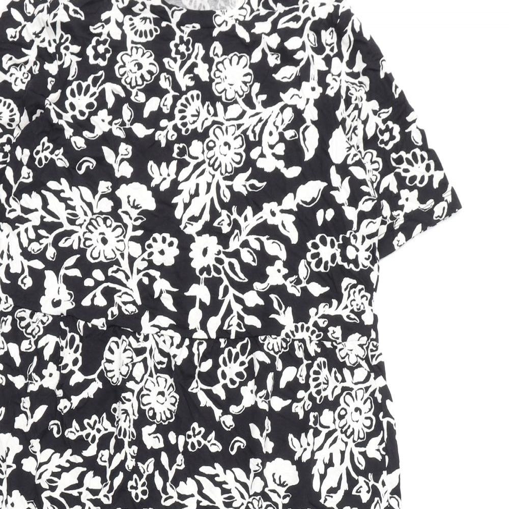 Marks and Spencer Womens Black Floral Viscose A-Line Size 14 Round Neck Pullover