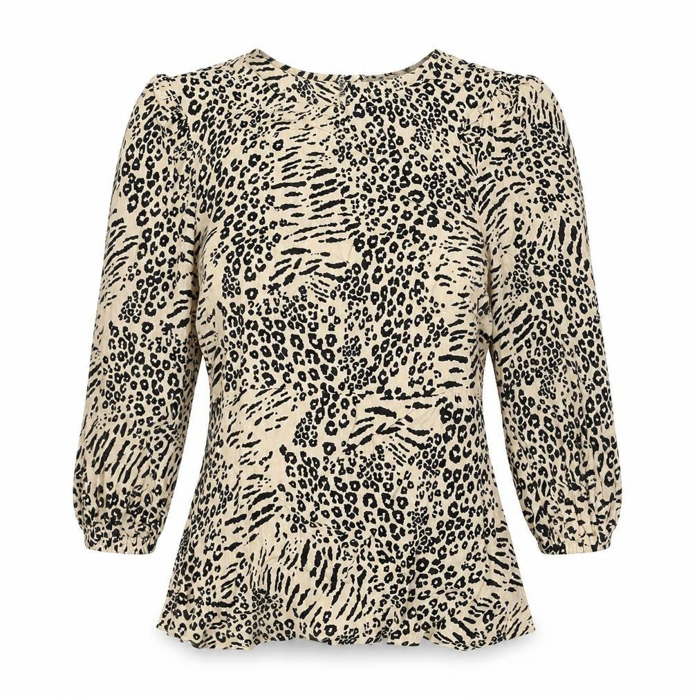 Front view of Marks & Spencer women’s beige animal print viscose basic blouse, size UK 6, round neck - leopard print