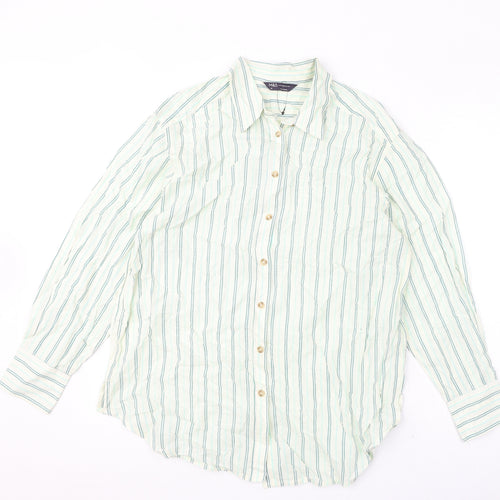 Marks and Spencer Womens Ivory Striped 100% Cotton Basic Button-Up Size 14 Collared