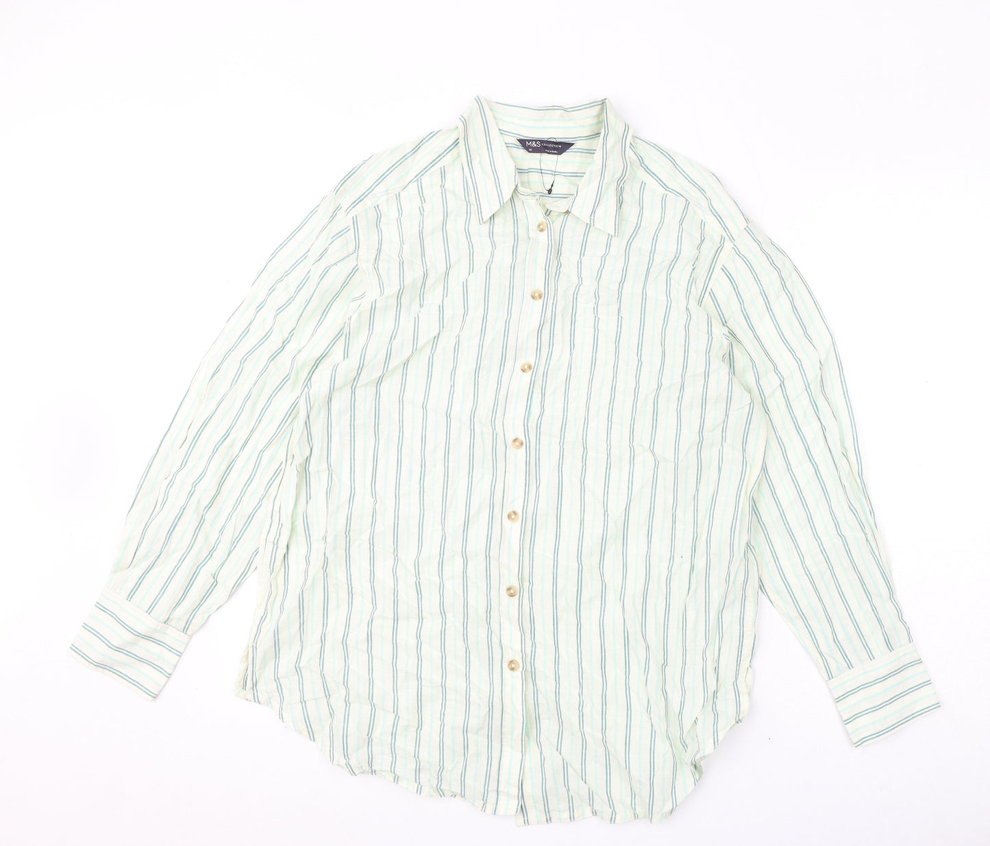 Marks and Spencer Womens Ivory Striped 100% Cotton Basic Button-Up Size 14 Collared